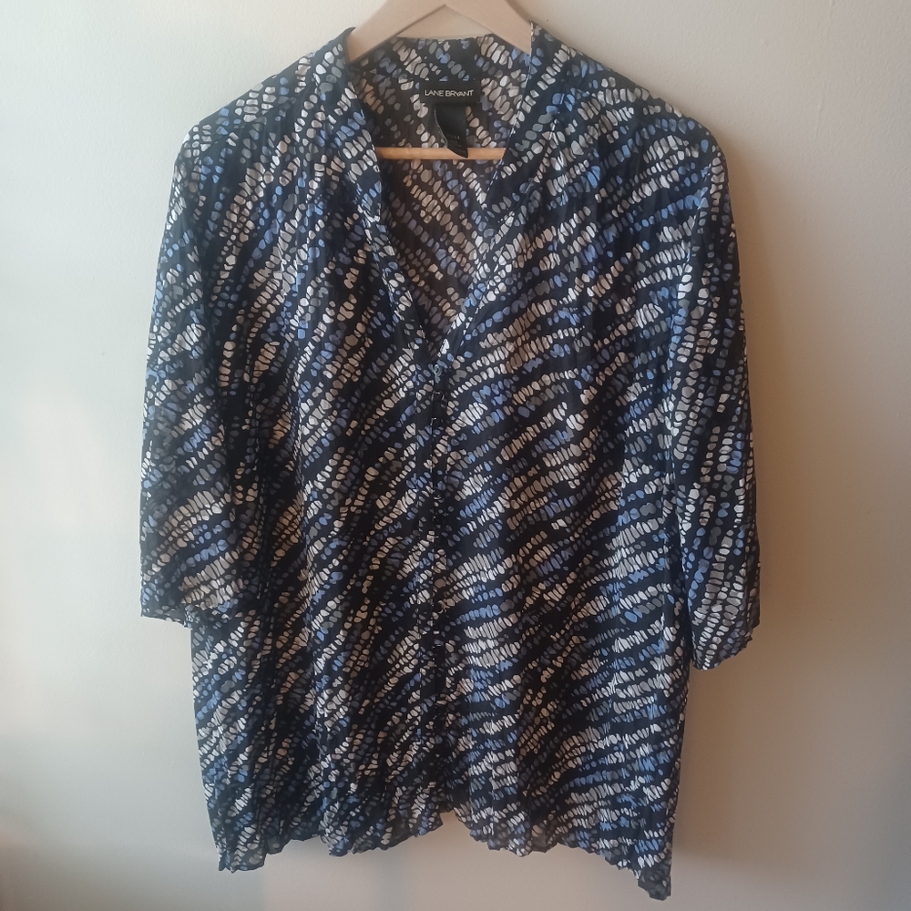 Lane Bryant Blue Pleated Button Up  Blouse Plus 22/24